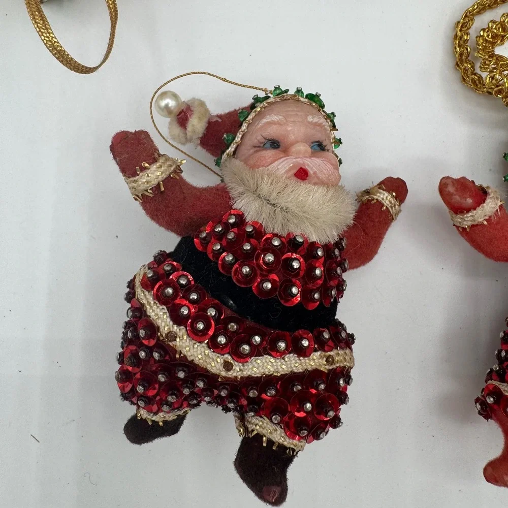 Vintage Santa and Mrs Claus Sequin Ornaments with Beaded Gift Box Set of 5